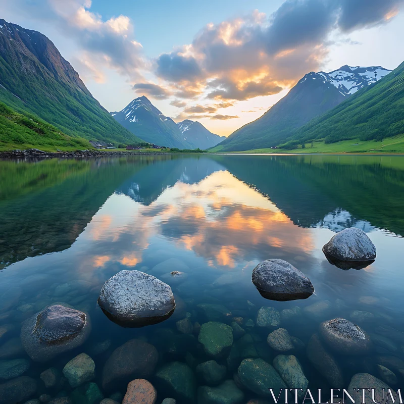 Mountain River Sunset Reflections AI Image