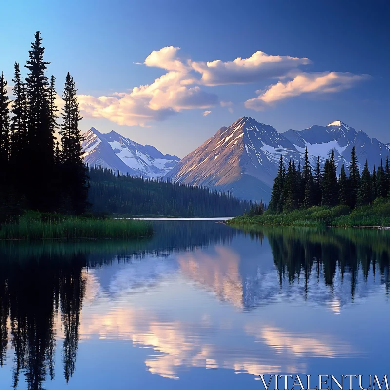 Tranquil Mountain Scene with Clear Lake and Forest AI Image