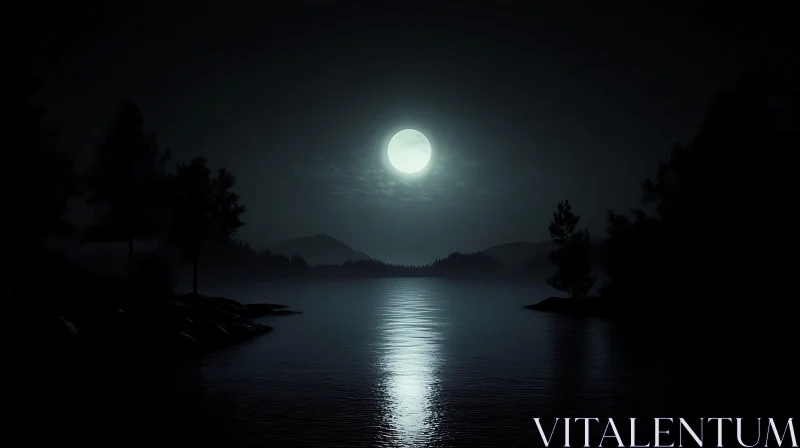 Moonlit Lake with Silhouetted Trees AI Image