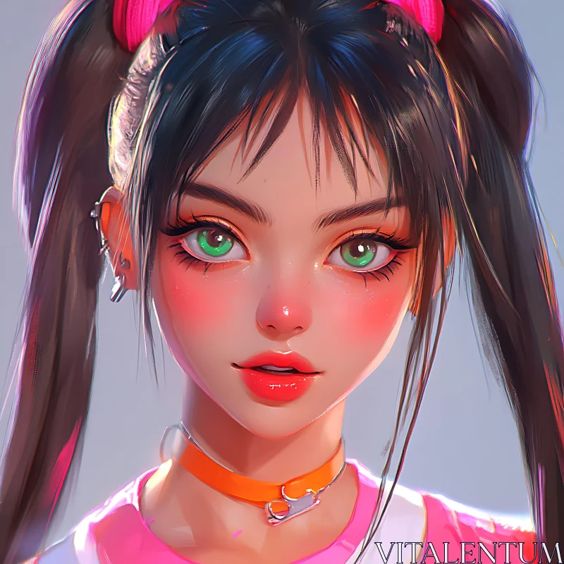 AI ART Anime Girl with Green Eyes and Pink Accessories Art