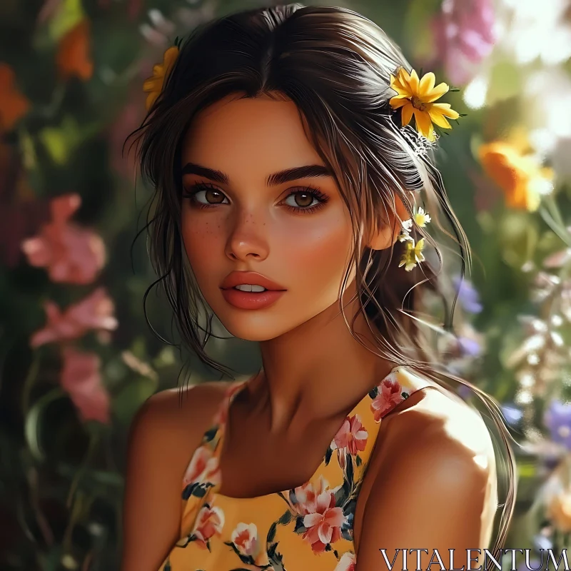 AI ART Captivating Woman Surrounded by Flowers