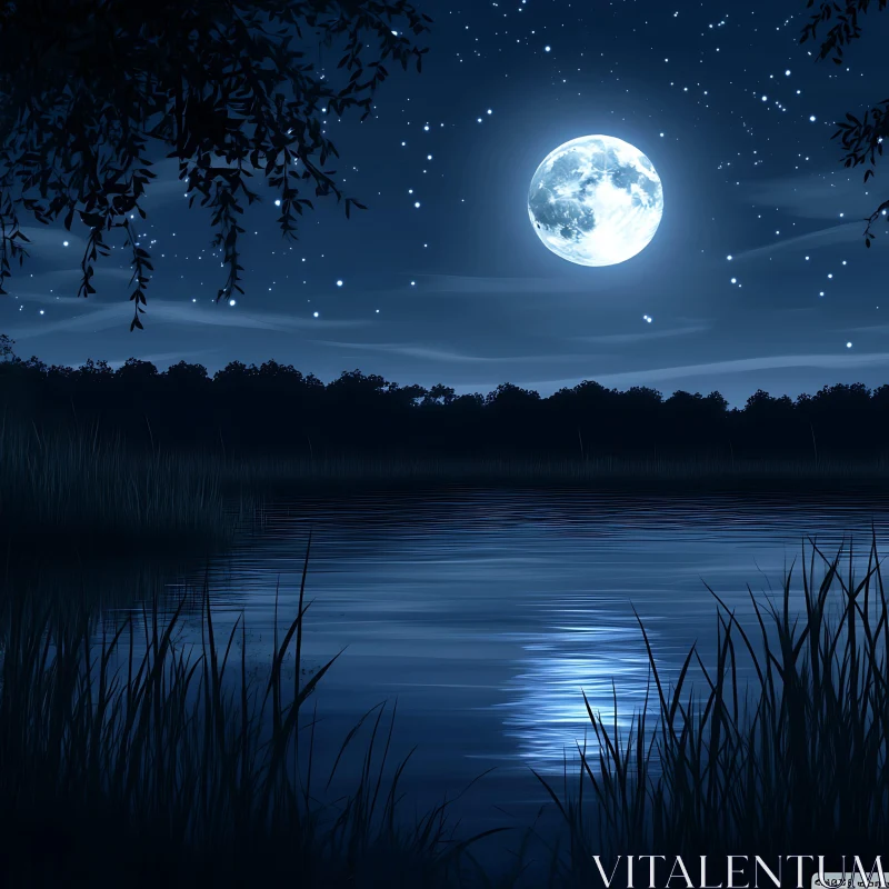 Tranquil Lakeside Nightscape with Full Moon AI Image