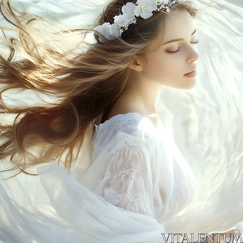 Serene Portrait of a Woman with White Flower Crown AI Image