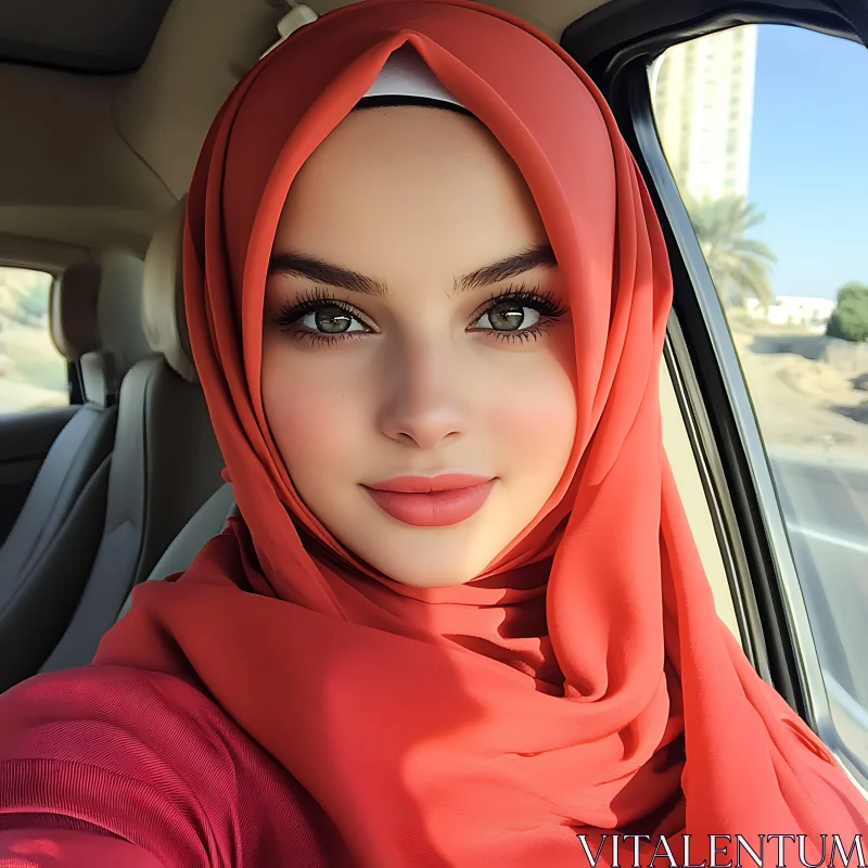 Portrait of Woman with Green Eyes in Red Hijab AI Image