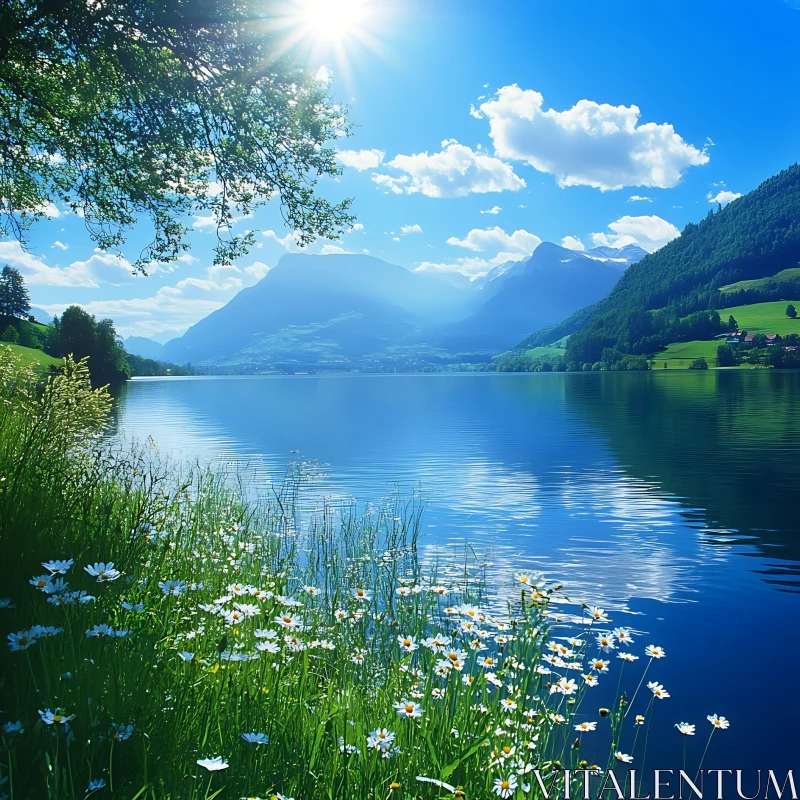 Peaceful Mountain Lake with Floral Shoreline AI Image