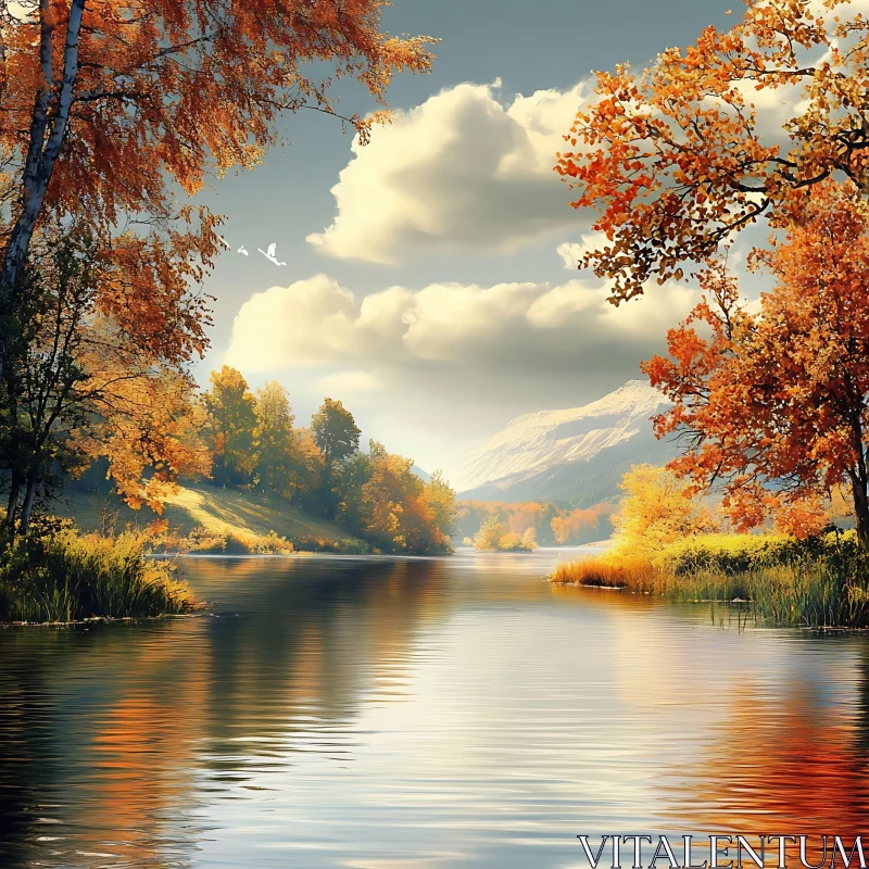 AI ART Tranquil Fall River Scene with Mountains