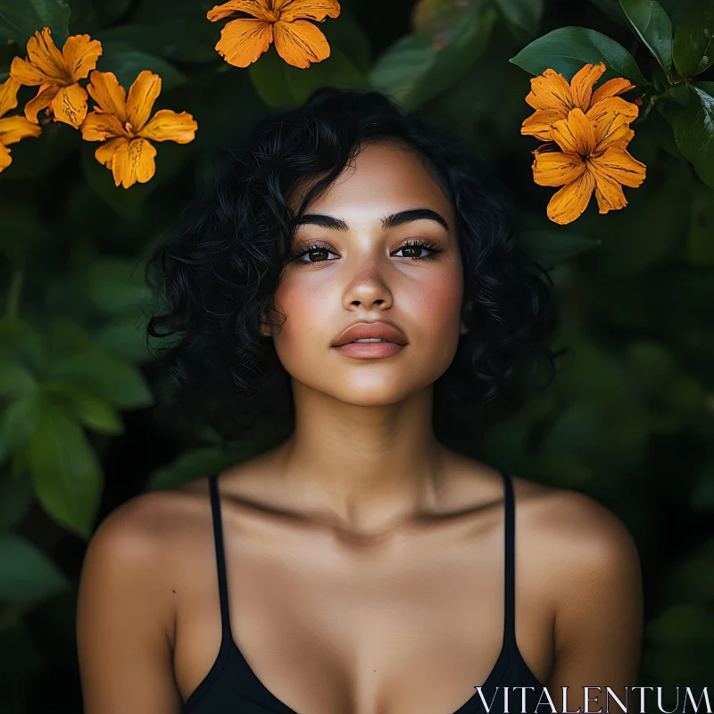 Woman's Portrait with Vibrant Orange Flowers AI Image