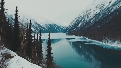 Tranquil Snow-Covered Mountains Reflecting on Frozen Lake