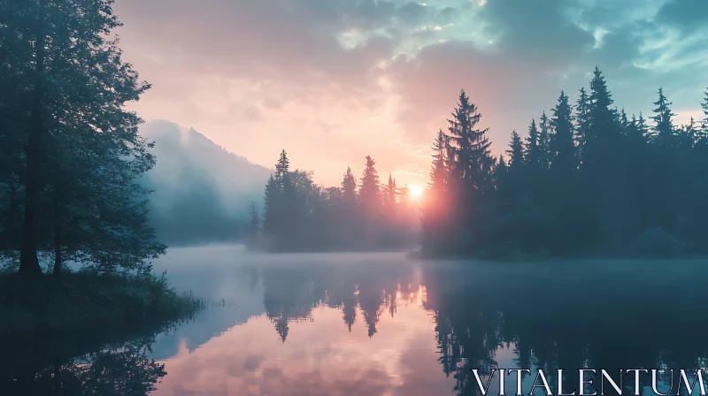 Tranquil Sunset over Misty Lake AI Image