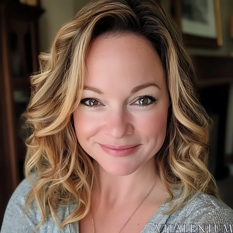 Smiling Blonde Woman Portrait Indoors AI Image