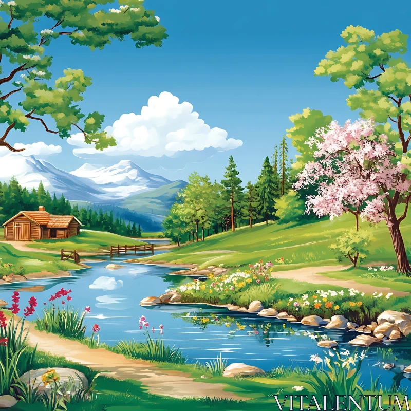 Peaceful Mountain Stream with Wooden Cabin AI Image