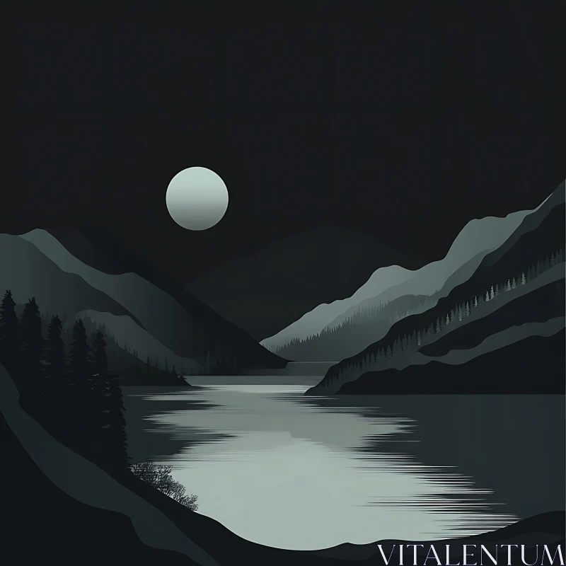 Moonlit Tranquility Over a Mountain Lake AI Image