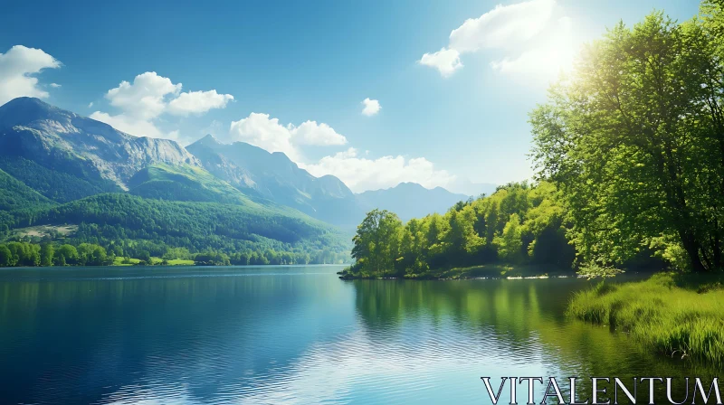 AI ART Tranquil Lake Amidst Verdant Mountains and Forests