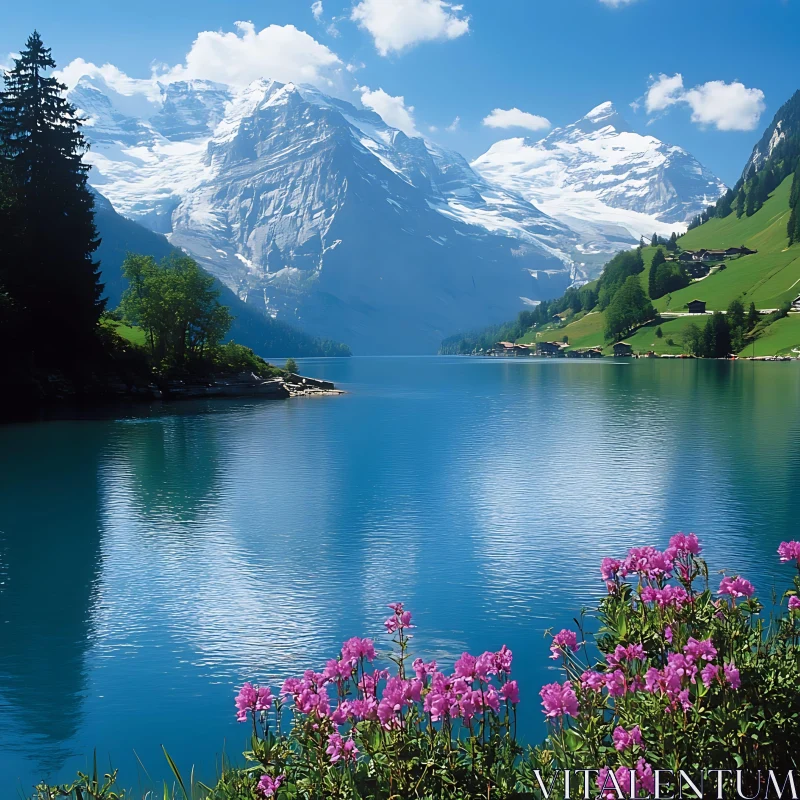 Serene Lake with Vibrant Flora and Majestic Mountains AI Image