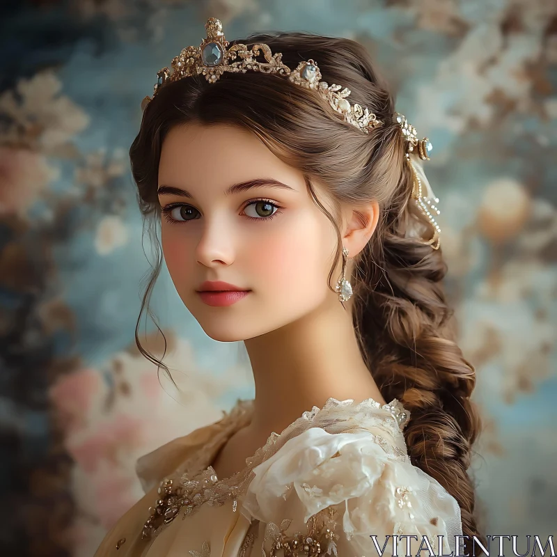 Regal Portrait of a Princess with Ornate Tiara AI Image