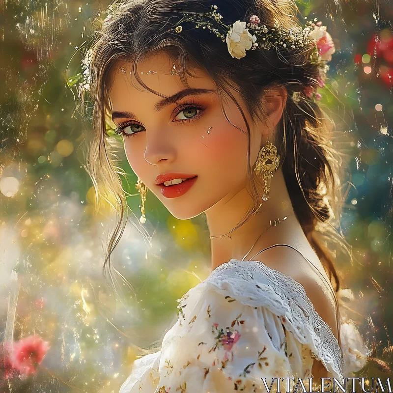 Elegant Woman with Floral Accessories AI Image