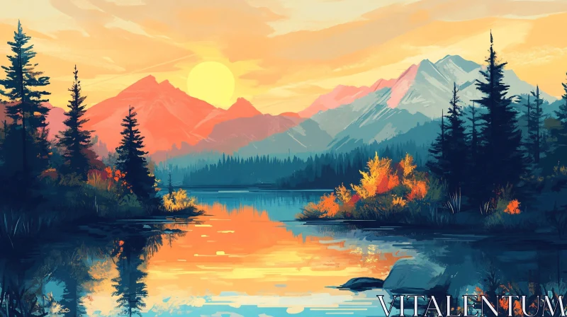 Peaceful Lake Scene at Sunset with Forest and Mountains AI Image