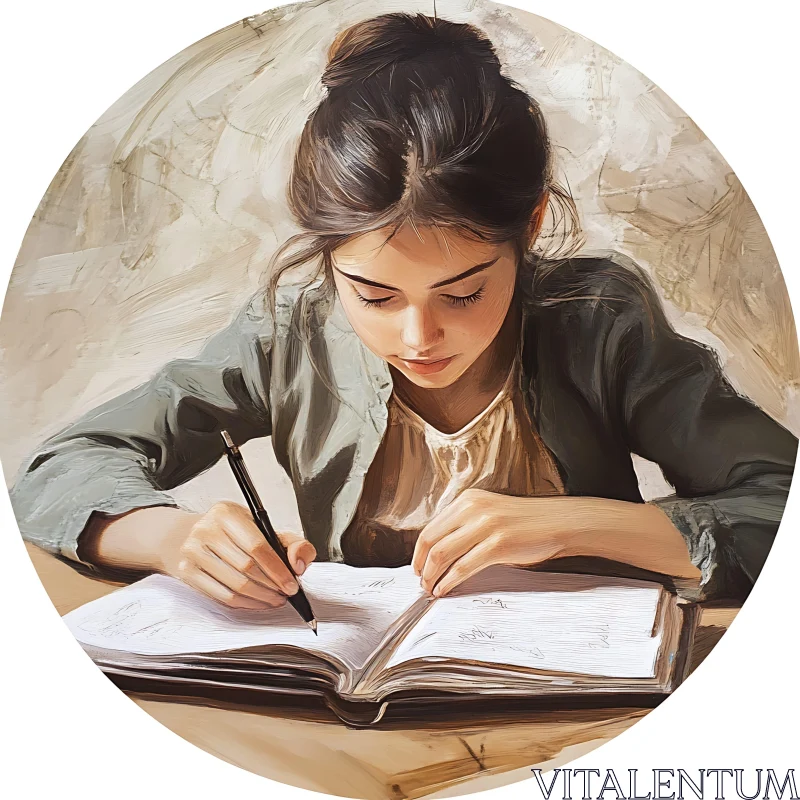 Focused Woman Writing Artwork AI Image