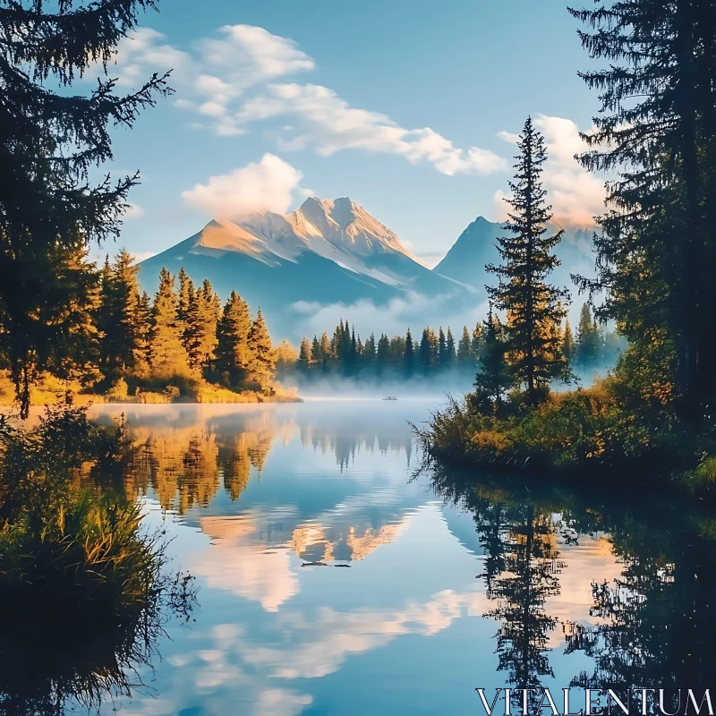 Serene Reflections of Mountain and Lake AI Image