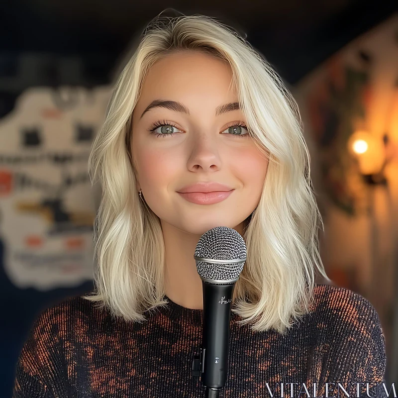 Blonde Woman Holding Microphone AI Image