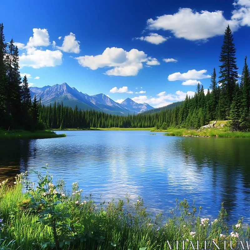 Tranquil Lake with Mountain and Forest View AI Image