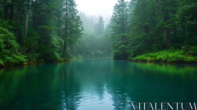 Pristine Lake with Emerald Water and Mist AI Image