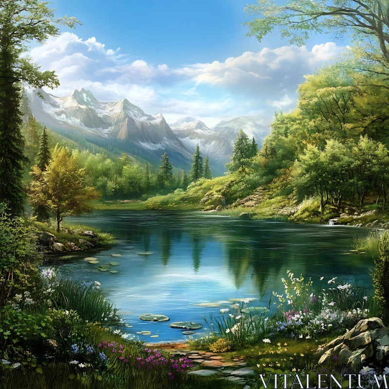 AI ART Tranquil Lake Surrounded by Nature and Mountains