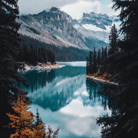 Serene Mountain Lake with Autumn Colors and Snowy Mountains