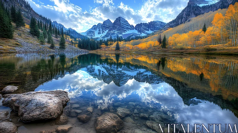 Autumn Reflections in a Tranquil Mountain Lake AI Image