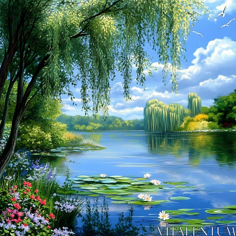 Peaceful Lakeside with Majestic Willow AI Image