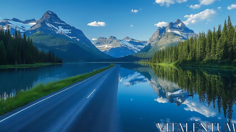 Scenic Road by Reflective Alpine Lake AI Image