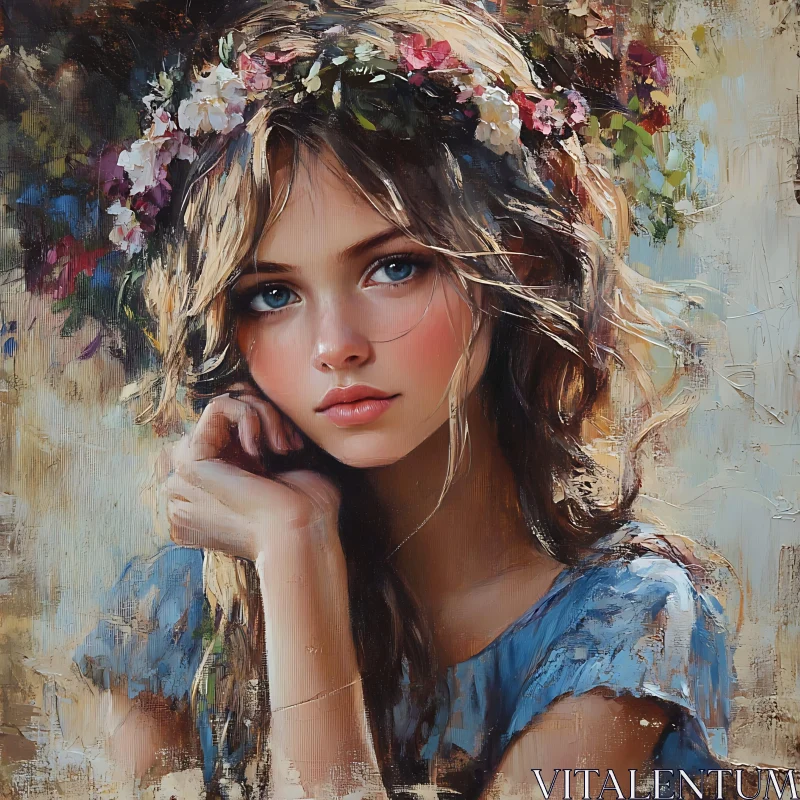 AI ART Young Woman with Blue Eyes and Floral Crown in Detailed Painting