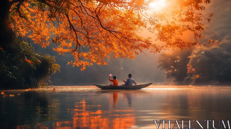 Golden Hour on the Lake: A Peaceful Row Through Autumn Colors AI Image