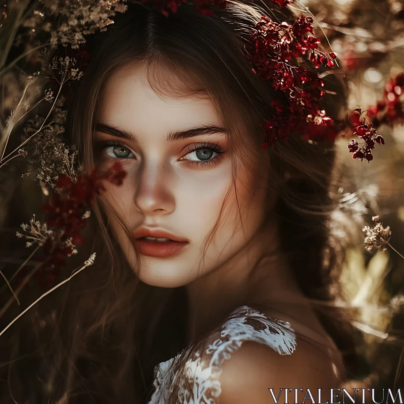 Serene Beauty in Nature - Woman with Red Flowers AI Image