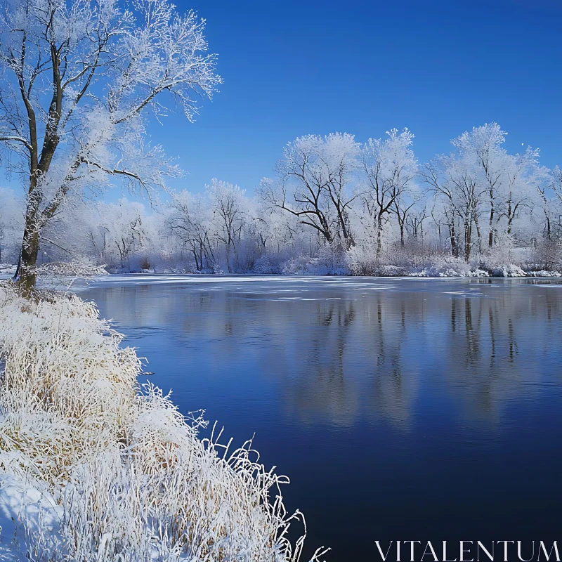 AI ART Peaceful Winter Wonderland with Frozen Lake and Frosty Trees