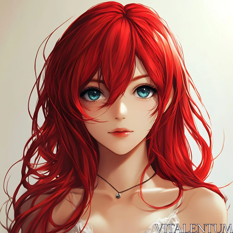 Anime Character with Red Hair and Sparkling Blue Eyes AI Image