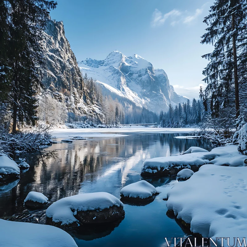 Winter Wonderland with Snow-Capped Mountains and River AI Image