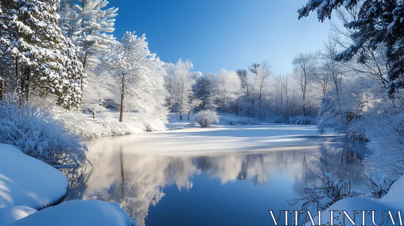 Snow-Covered Trees and Frozen Lake in Winter AI Image