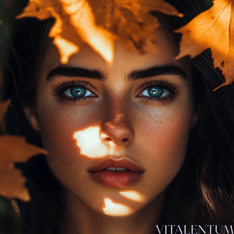 Autumn Leaves Framing Blue-Eyed Woman AI Image