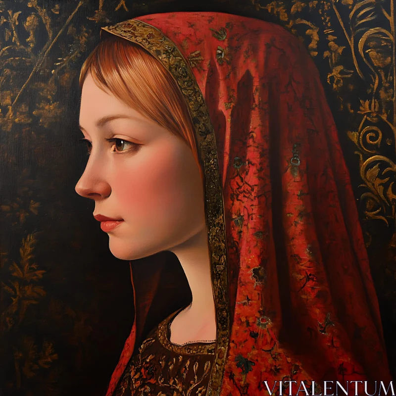 Elegant Woman in Red Veil AI Image