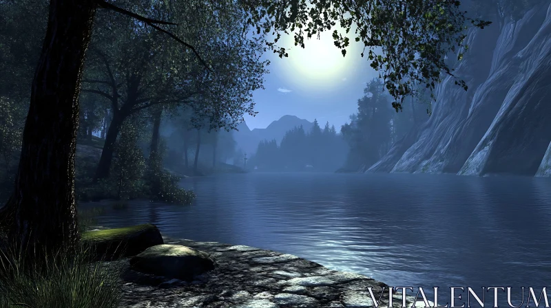 Serenity at the Moonlit Lake AI Image