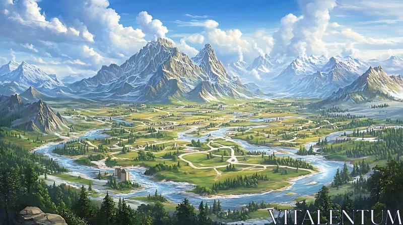 Picturesque Mountain Scene with River and Valley AI Image