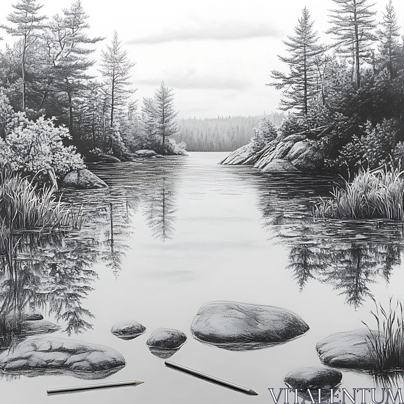 Serene Pencil Sketch of a Lake and Forest Landscape AI Image