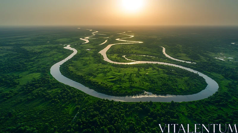 Serene Aerial Landscape of River AI Image