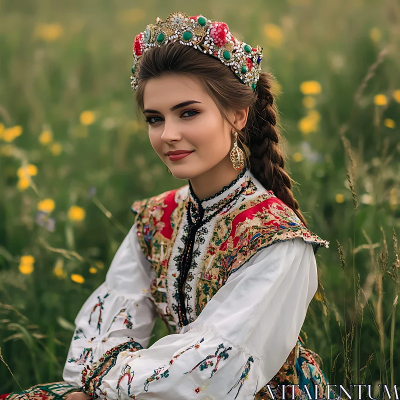 Traditional Woman Portrait in a Green Field AI Image