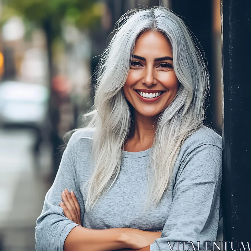 Confident Woman with Gray Hair on a City Street AI Image