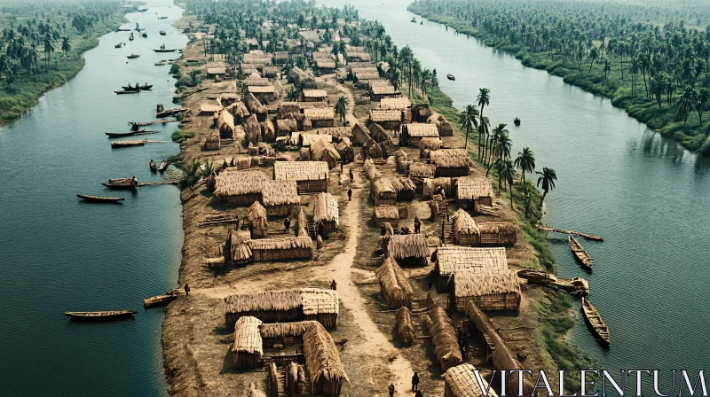 AI ART Scenic River Village with Thatched Huts