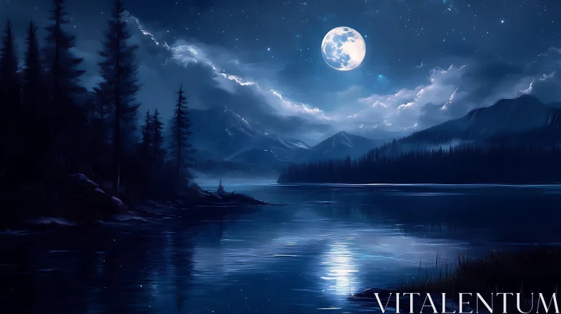 Scenic Night Landscape with Full Moon and Serene Lake AI Image