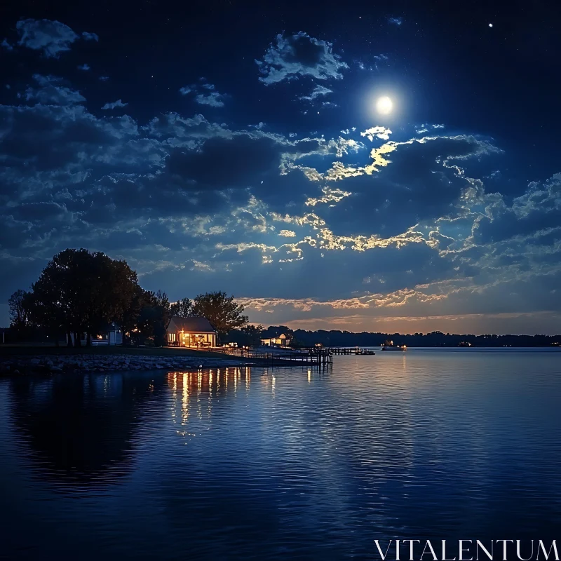 Serene Lakeside Night Scene with Moonlight AI Image