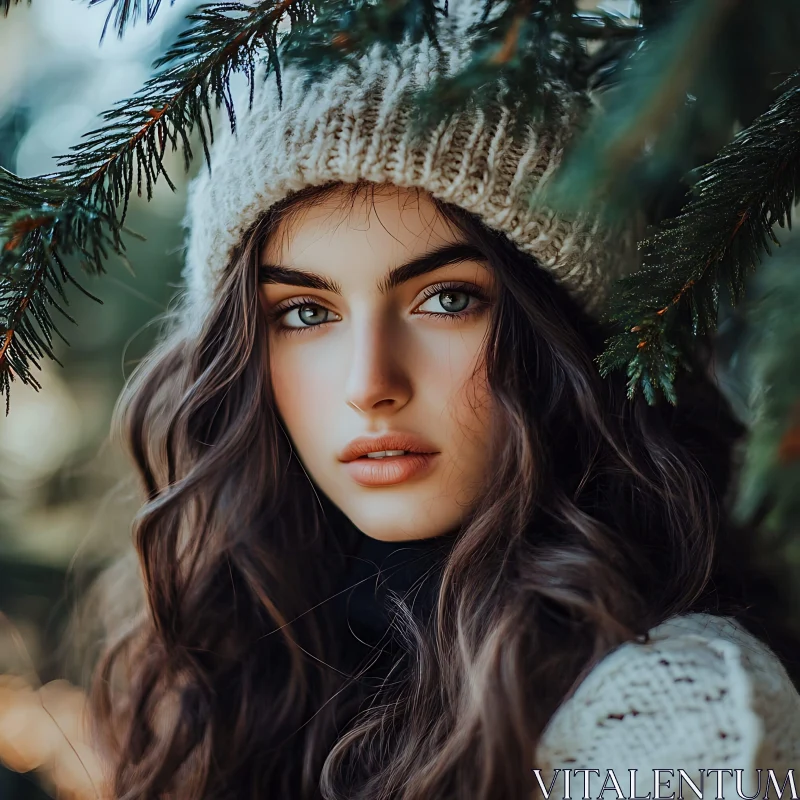 Serene Winter Woman with Green Eyes AI Image